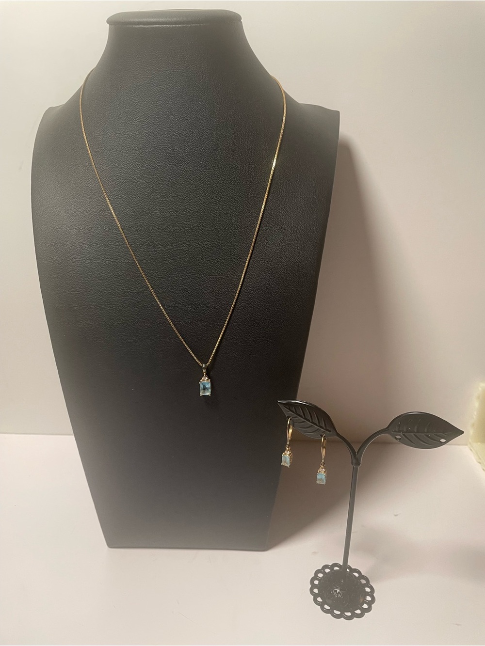 Gold-Tone Necklace and Drop Earring Set with Light Blue Gemstone